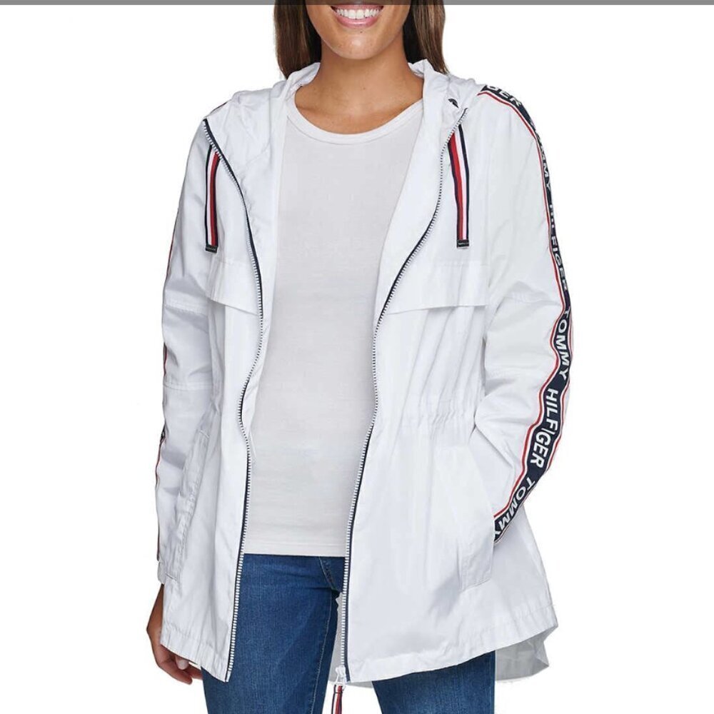 Tommy Hilfiger Long Windbreaker Logo Jacket Women's Size Large White, Red & Blue